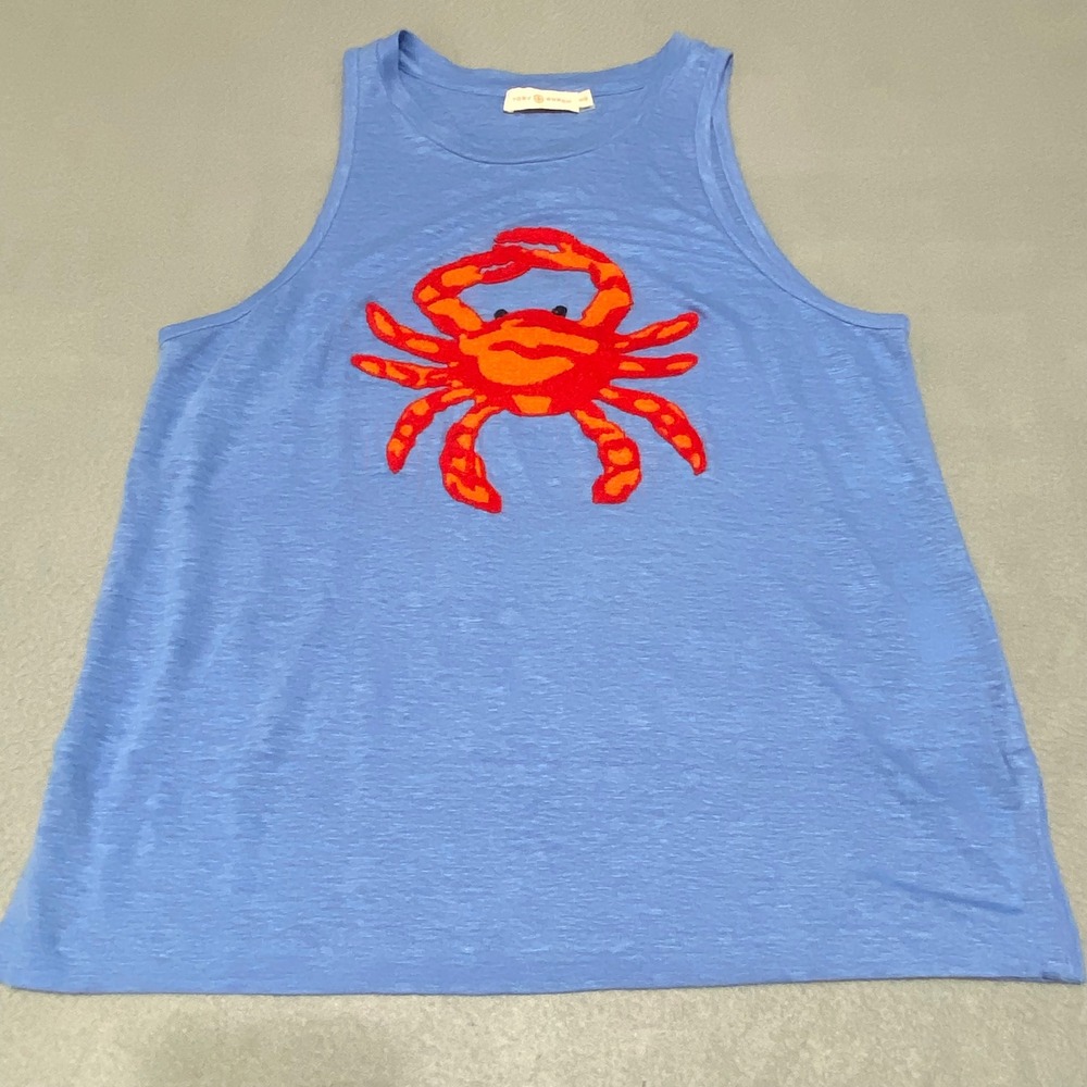 Tory Burch Women's M Blue Linen Crab Patch Tank Top Sleeveless Shirt  21162134